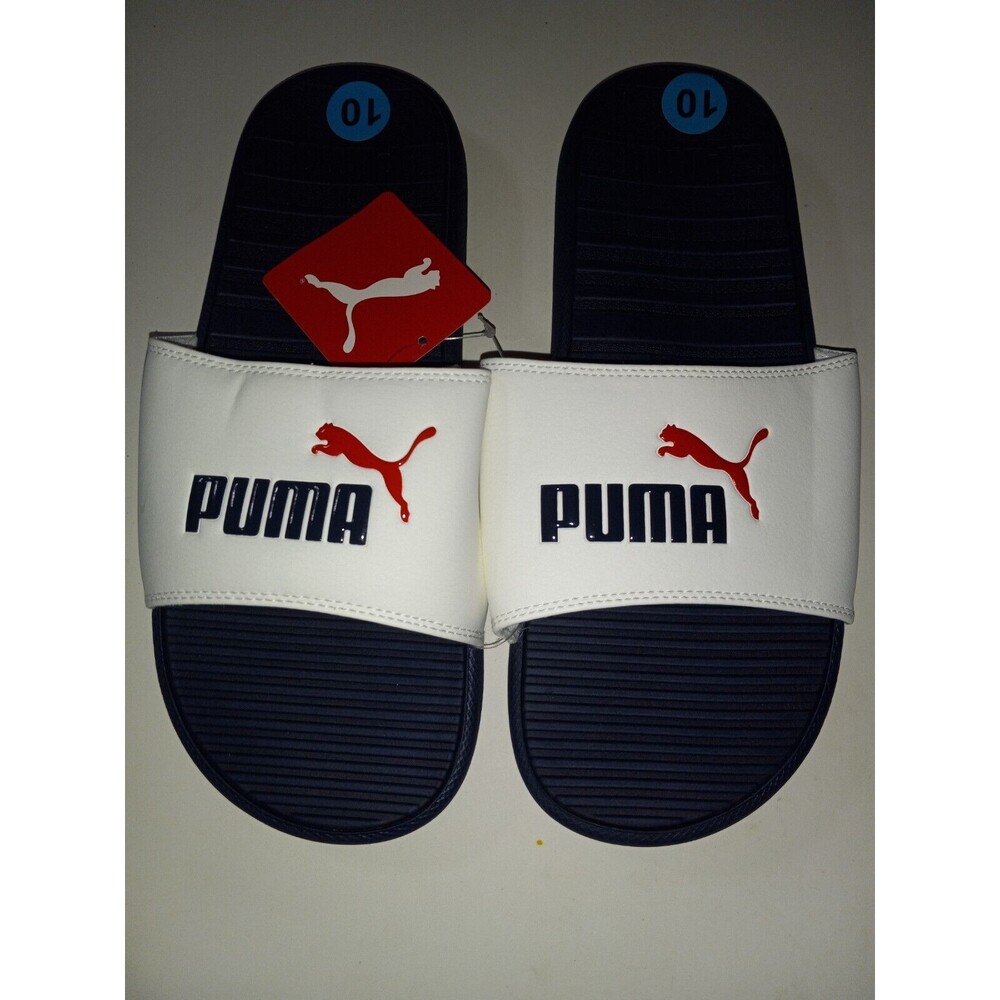 PUMA Men's Cool Cat Slide Sandals White/Blue With Black/Red Logo Size 10